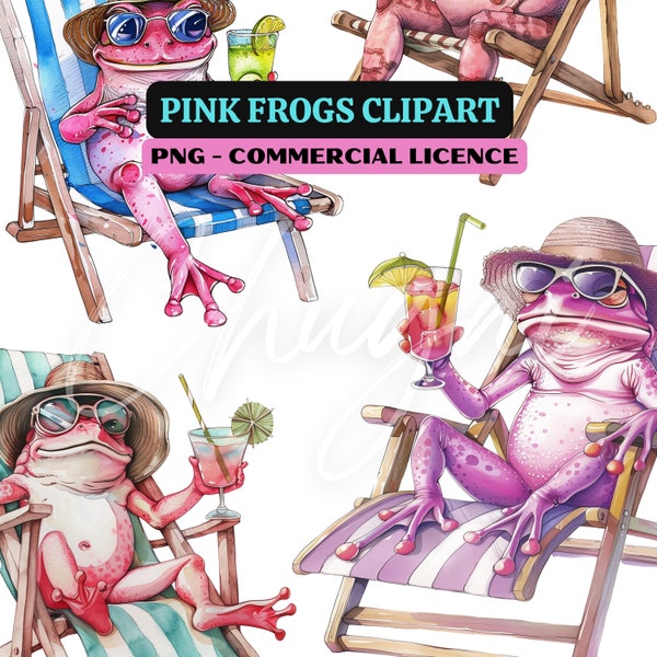 12 PNG - Pink Frogs Clipart - Transparent - Instant Download - Design - Craft - Cute Animal, Funny Animal, Frog, Beach, Cocktail