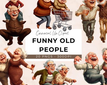 Funny Old People Clipart - 20 Transparent PNG - Instant Download - Body Positive - Cute Old People - Drunk People - Elderly - Caricature