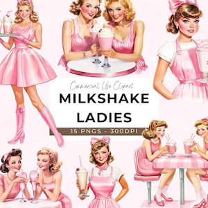 Pode incluir: Um conjunto de 15 ilustrações digitais de mulheres em vestidos e aventais cor-de-rosa segurando batidos. As ilustrações são de estilo retro e são perfeitas para uso em projetos comerciais.