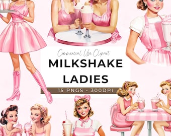 Vintage Diner ClipArt - 15 Transparent PNG - Digital Download - Clip Art - Craft - Milkshake, Retro Diner, Waitress, Ladies, 1950s, Pink