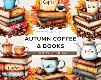 Aquarell Herbst Kaffee & Bücher Clipart: 15 PNG Grafiken (Digitaler Download)