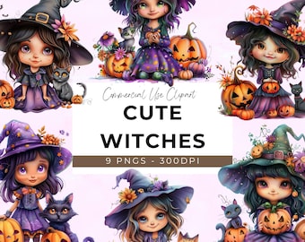 Quirky Witch Halloween Clipart - 9 Transparent PNG - Halloween Clipart - Floral Witch - Witch and Cat - Cute Witch - Watercolour Halloween