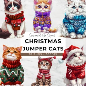 Clipart aquarelle de chats de Noël - 18 PNG transparents - téléchargement immédiat - chat mignon - conception de cartes de Noël - chat - amoureux des chats