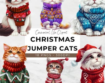 Christmas Cats Watercolour Clipart - 18 Transparent PNG - Instant Download - Cute Cat - Christmas Card Design - Cat - Cat Lover