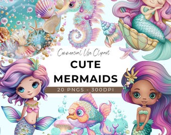 Può includere: Un set di 20 illustrazioni digitali con sirene carine con code colorate, conchiglie e un cavalluccio marino. Le illustrazioni sono perfette per creare inviti, biglietti e altri lavoretti.