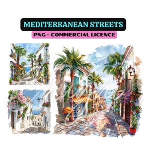 10 PNG - mediterrane straten ClipArt - digitale download - illustraties - ambacht - Spanje, Italië, Griekenland, Europa, oude stad, vakantie aan zee