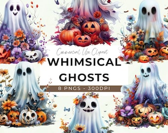 Pode incluir: Oito ilustrações digitais de fantasmas caprichosos com várias expressões faciais, cercados por folhagem de outono, abóboras e borboletas. O texto "Commercial Use Clipart Whimsical Ghosts 8 PNGs - 300DPI" é exibido no centro da imagem.