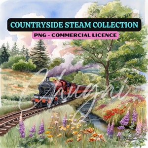 5 PNG - Arte digital de trenes de vapor de campo - Archivos cuadrados - Descarga digital - Diseño - Artesanía - Fabricación de tarjetas - Diseño de tazas - POD - Ferrocarril