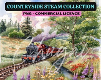 5 PNG - Arte digital de trenes de vapor de campo - Archivos cuadrados - Descarga digital - Diseño - Artesanía - Fabricación de tarjetas - Diseño de tazas - POD - Ferrocarril