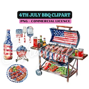 May include: A watercolour illustration of a 4th of July BBQ set. The set includes a grill with an American flag design, a bottle of beer, a spatula, a fork, a plate of food, and a small grill with an American flag design. The grill is filled with hot dogs and hamburgers.