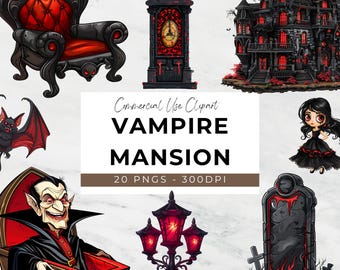 Vampire Mansion Clipart - 20 PNG Transparents - téléchargement immédiat - vampire - cimetière - gargouille - chauve-souris - horloge - gothique - effrayant - lanterne