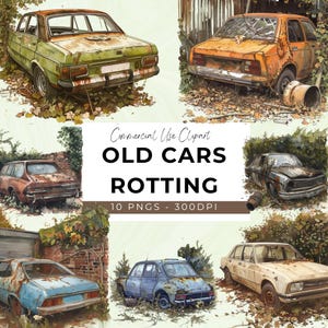 Clipart de carros antigos - 10 PNG - Digital Download - Design - Digital Craft - Man Cave, Automotive, Barn Find, Rusty Cars, Scrap Car, Rotting