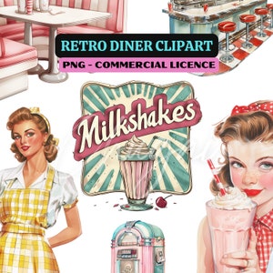 12 PNG - Retro Diner ClipArt - Digital Download - Clip Art - Craft - Milkshake, Music Machine, Booth, Waitress, Hamburger