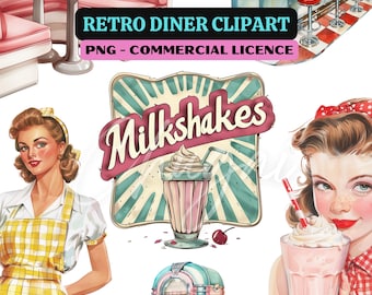 May include: Retro diner clipart set featuring a red and white striped booth, a jukebox, a sign that says "Milkshakes", and two women in vintage clothing. One woman is holding a milkshake and the other is standing next to a table.