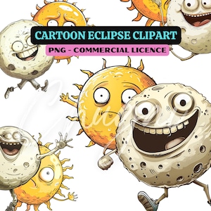 Puede incluir: Ilustración de dibujos animados de un eclipse solar con un sol amarillo y una luna blanca con caras divertidas. El sol y la luna llevan ambos ojos y bocas de dibujos animados. El sol está frunciendo el ceño y la luna está sonriendo. El texto "CARTOON ECLIPSE CLIPART" y "PNG - COMMERCIAL LICENCE" está escrito en letras rosas.