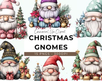 May include: A set of 15 digital illustrations of Christmas gnomes. Each gnome is wearing a different colored hat and holding a Christmas-themed item. The gnomes are surrounded by Christmas trees, presents, and other festive decorations. Commercial Use Clipart CHRISTMAS GNOMES 15 PNGS - 300DPI