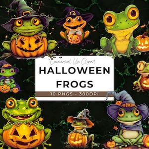 Halloween Frog Clipart - 10 Transparent PNG - Instant Download - Frog - Pumpkin - Halloween - Trick or Treat - Autumn - Witch&#39;s Hat - Spooky