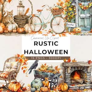 Rustieke Halloween-clipart - 15 transparante png - instant download - Halloween-bundel - pompoen, nostalgisch, rustiek, zacht, herfst Cottagecore