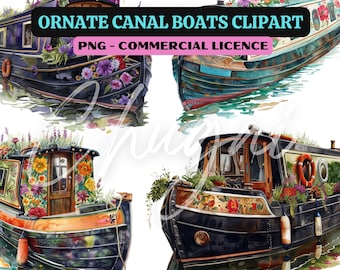 10 PNG - Ornate Canal Boats Clip Art - Transparent - Digital Download - Design - Craft - Card Making - POD - Waterways - Boat Life - Rivers
