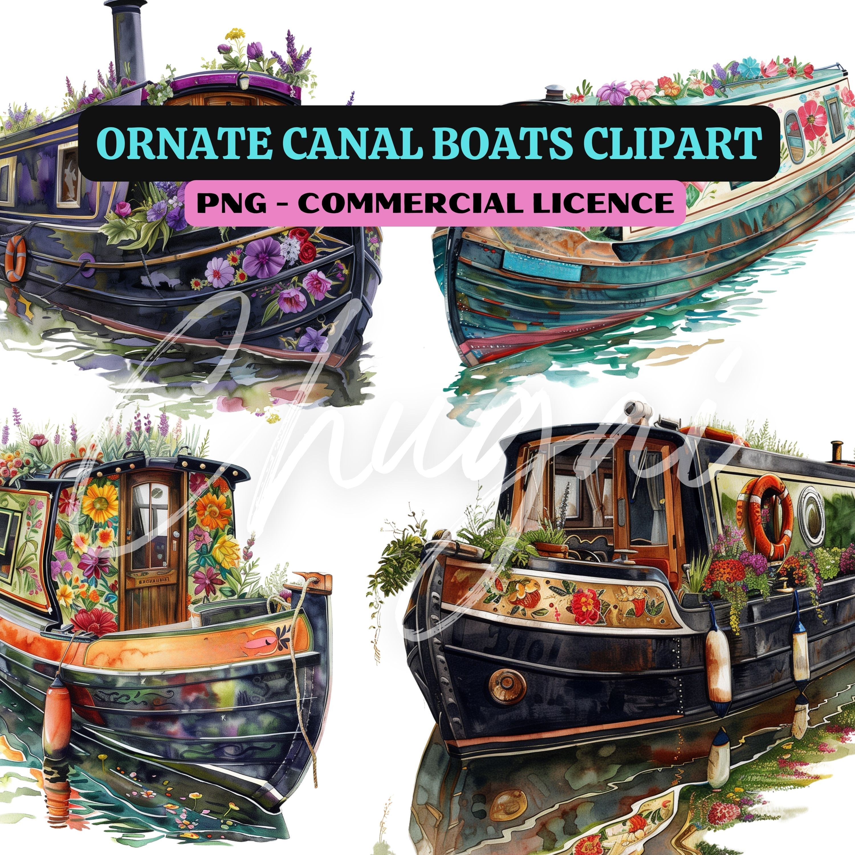 Canal Boats Clip Art - Ornate - 10 PNG - Transparent - Digital Download ...