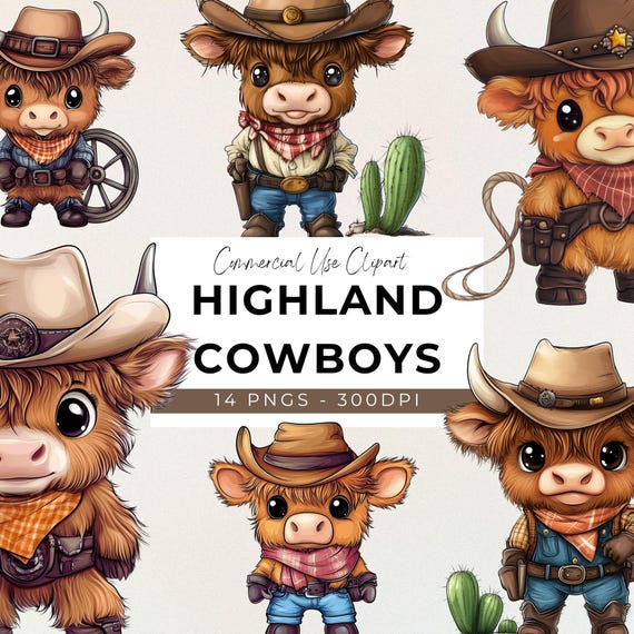 Highland Cowboy Clipart - 14 Transparent PNG - Instant Download - Chibi - Wild West - Cute Highland Cow - Quirky Animal - Funny Animal