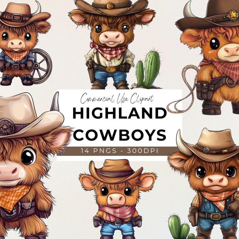 May include: A set of 14 digital clipart images featuring Highland cattle dressed as cowboys. The images are in PNG format and are 300 DPI. The cattle are wearing cowboy hats, bandanas, and vests. Some are holding lasso ropes. The images are perfect for use in crafting projects, scrapbooking, and digital design.