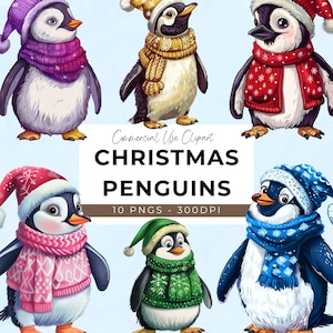 Christmas Penguins Clipart - 10 Transparent PNG - Instant Download - Penguin - Festive - Christmas Design - Noel - Festive Decor - Winter