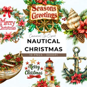 Clipart natalizio nautico - 10 PNG trasparenti - Download immediato - Festivo - Inverno - Zucche, Rustico - Marittimo - Barca - Ancora - Mare