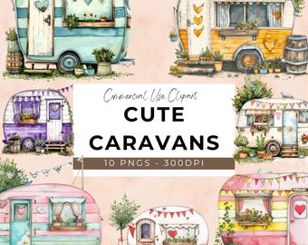 May include: A set of 10 digital clipart images of cute, colorful caravans with floral accents. The caravans are in various styles and colors, including pink, blue, yellow, and purple. The text "Commercial Use Clipart Cute Caravans 10 PNGs - 300DPI" is displayed on a white banner.