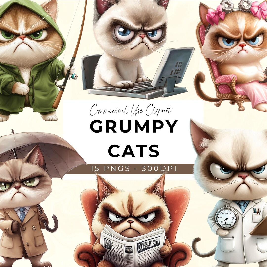 Cute Grumpy Cats Clipart - 15 Transparent PNG - Instant Download ...