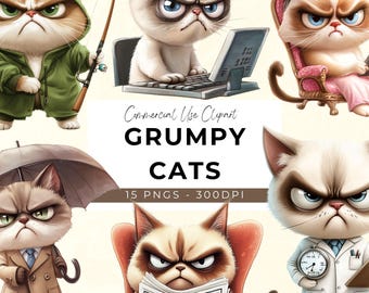 May include: A set of 10 digital illustrations of grumpy cats in various poses and outfits. The cats are all white with black markings and have a grumpy expression on their faces. The illustrations are in a cartoon style and are perfect for use in digital projects.