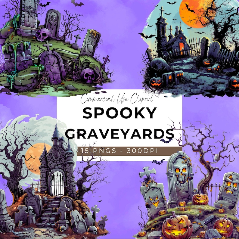 Spooky Graveyard Halloween Clipart - 15 Transparent PNG - Instant ...