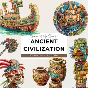 May include: A set of 13 digital clipart images depicting ancient civilizations. The images include a colorful boat, a mask with intricate details, a totem pole, and various pottery pieces. The images are perfect for crafting projects, scrapbooking, and digital design.