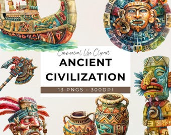 13 PNG - Ancient Civilization Clipart - Digital Download - Crafting Design - Totem Pole - Temple - Ancient Ship - Pottery - Spear - People