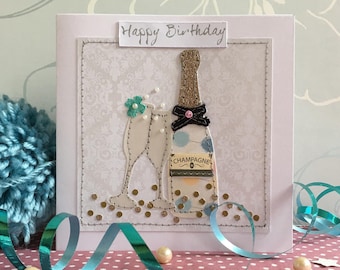 Handmade Pompom Champagne Birthday Card