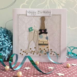 Handmade Pompom Champagne Birthday Card
