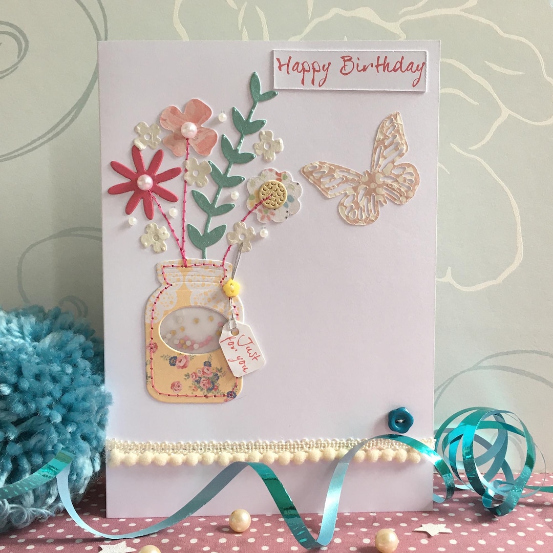 Handmade Birthday Card With Flowers and Butterfly - Etsy