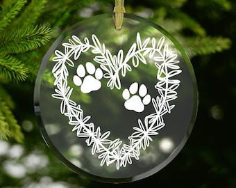 Customizable Glass Ornament: Heart & Paw Design, Pet Memorial Gift
