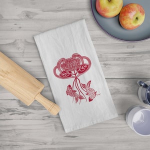Lotus-Koi Fish design on tea towel, Arts & Crafts kitchen,  lotus flower sack towel, koi fish design towel, housewarming gift, hostess gift,