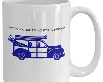 Woody Wagon coffee mug, surf wagon, surfer car, vintage woody, cool coffee mug, beach coffee mug, coastal  mug, gift for him, boyfriend gift