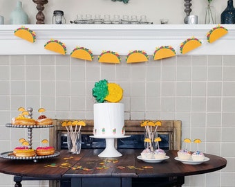 Taco Party Kit with garland, confetti, food flag, & drink stirrers