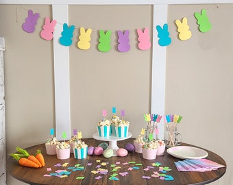 Peeps Bunny Party Kit with confetti, garland, drink stirrers, & cupcake toppers