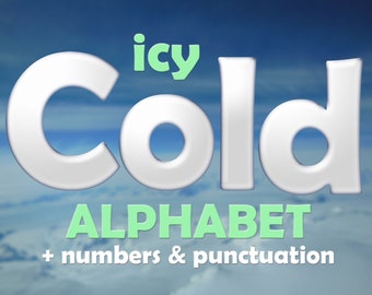 Icy white digital alphabet clipart, printable winter font with capital and small letters, numbers and punctuation marks; for commercial use