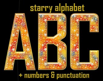 Starry digital alphabet clipart, shiny colorful font with large and small letters, numbers and punctuation marks; for commercial use