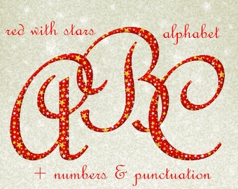 Red with stars alphabet clipart, printable Christmas font with large and small letters, numbers and punctuation marks; for commercial use