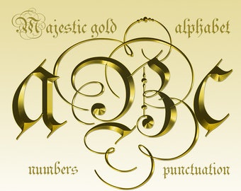 Majestic gold digital alphabet clipart, golden wedding font with large and small letters, numbers and punctuation marks; for commercial use