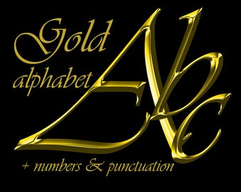 Classy gold digital alphabet clipart, golden printable font with large and small letters, numbers and punctuation marks; for commercial use