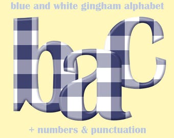 Blue and white plaid digital alphabet clipart, gingham font with large and small letters, numbers and punctuation; for commercial use