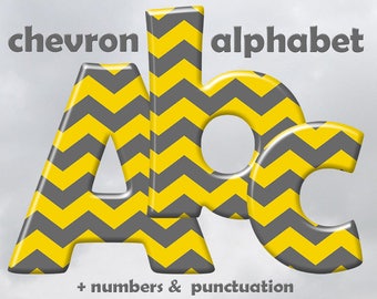 Yellow and grey chevron alphabet clipart, printable font with large and small letters, numbers and punctuation marks; for commercial use
