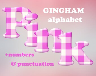 Pink gingham digital alphabet clipart, pink and white plaid font with large and small letters, numbers and punctuation; for commercial use